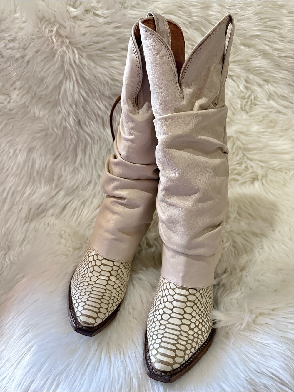 Freebird Jules white snake  Slouchy Western Heeled Boots with Textured Toe